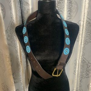 Blue shell and bead handmade brown leather belt good used condition 33 in